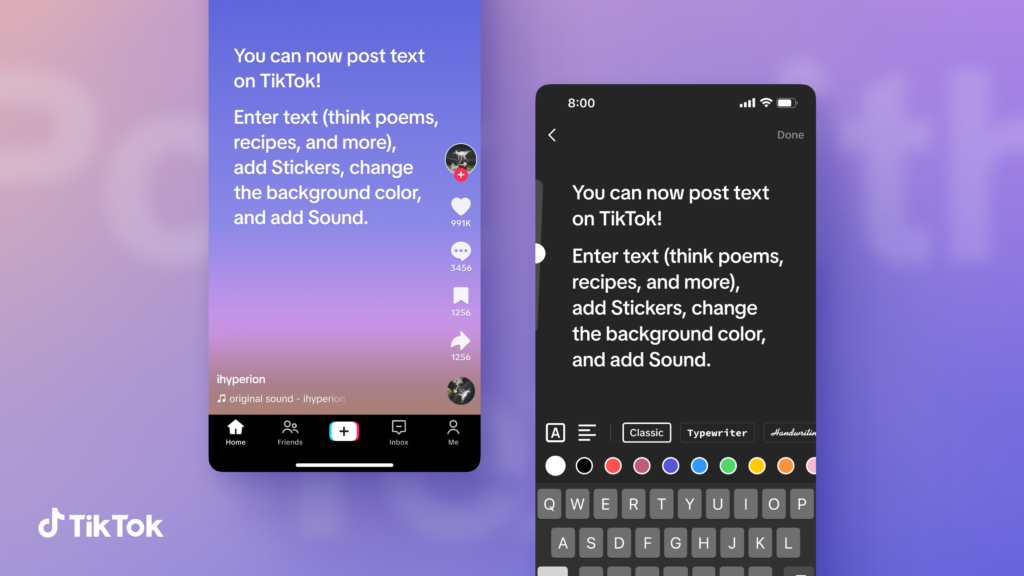 Phone screens display how to create text posts on TikTok.