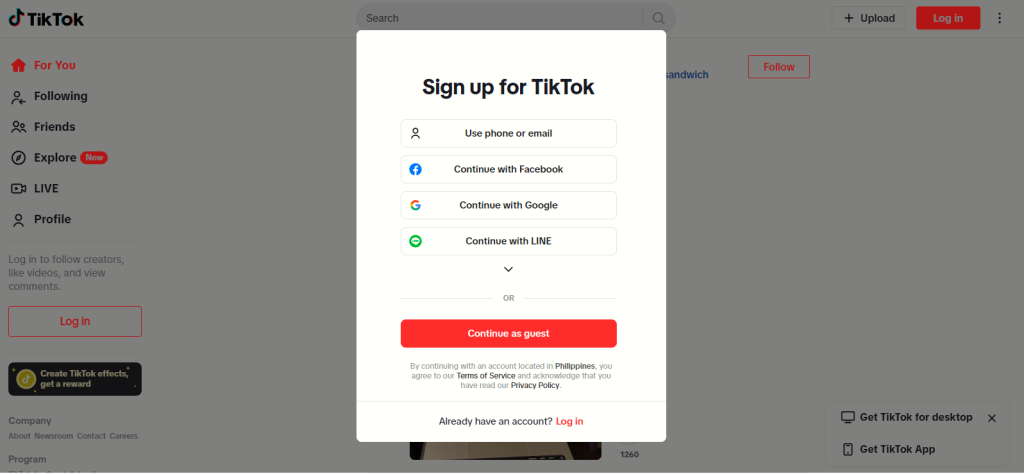 A captura de tela do High Social mostra a página de inscrição do TikTok, e o acordo automático com seus Termos de Serviço está impresso na parte inferior.
