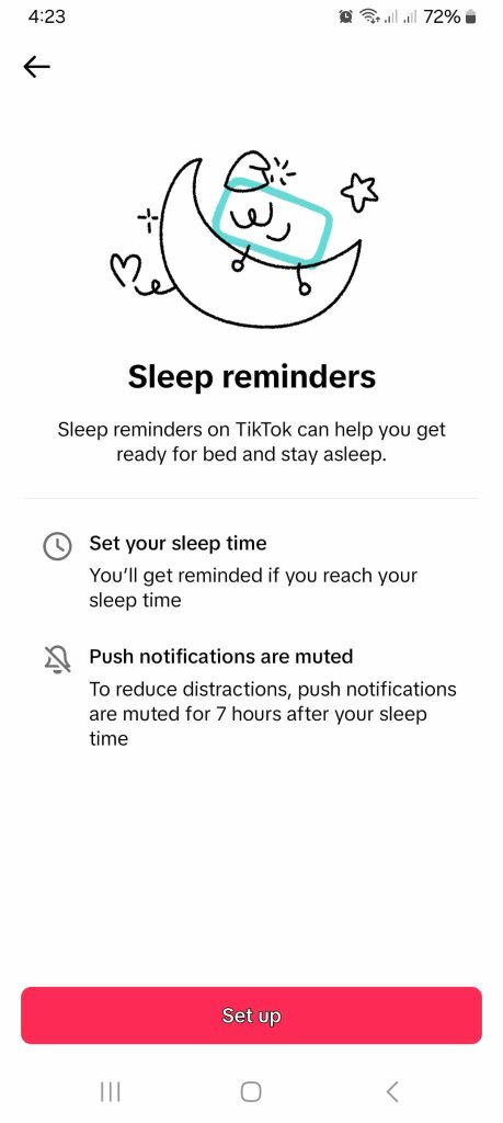 High Social’s screenshot of TikTok’s sleep reminders setting option.