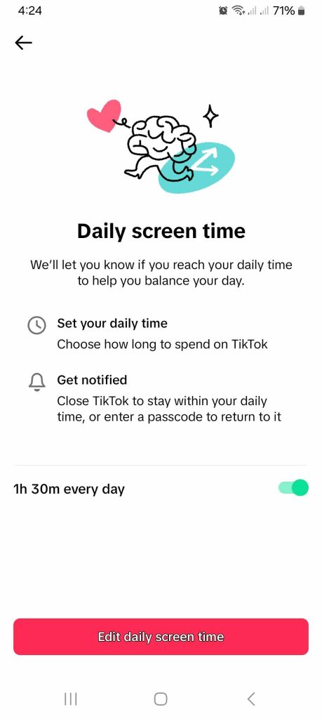 High Social’s screenshot of TikTok’s daily screen time setting option. 
