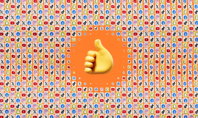 A big thumbs up graphic sits in the middle of small social media page logos.