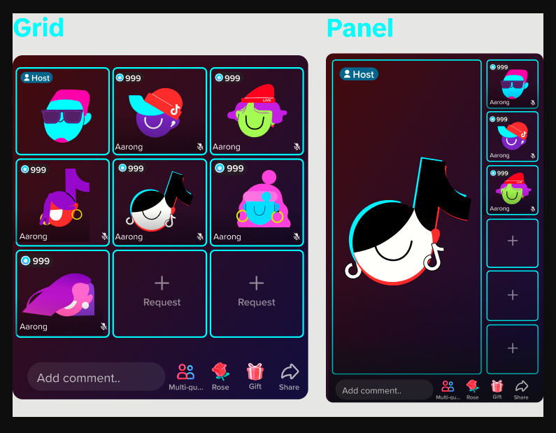 A captura de tela do High Social mostra diferentes layouts LIVE para o recurso de vários convidados do TikTok.