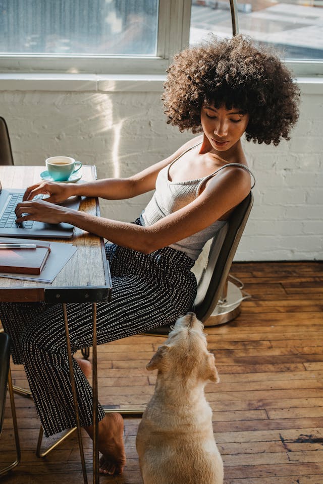 A woman looks at her dog while using her laptop.
