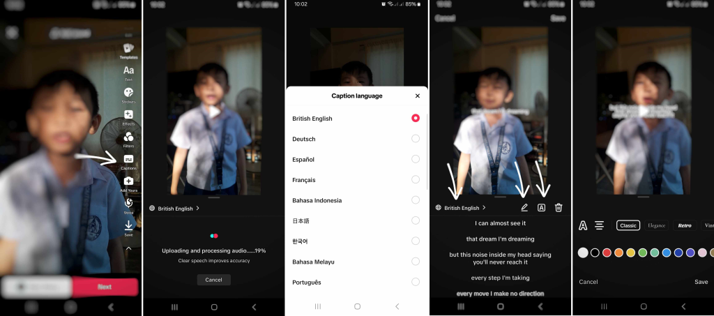 High Social’s screenshots show how to generate and edit auto-captions for a video. 
