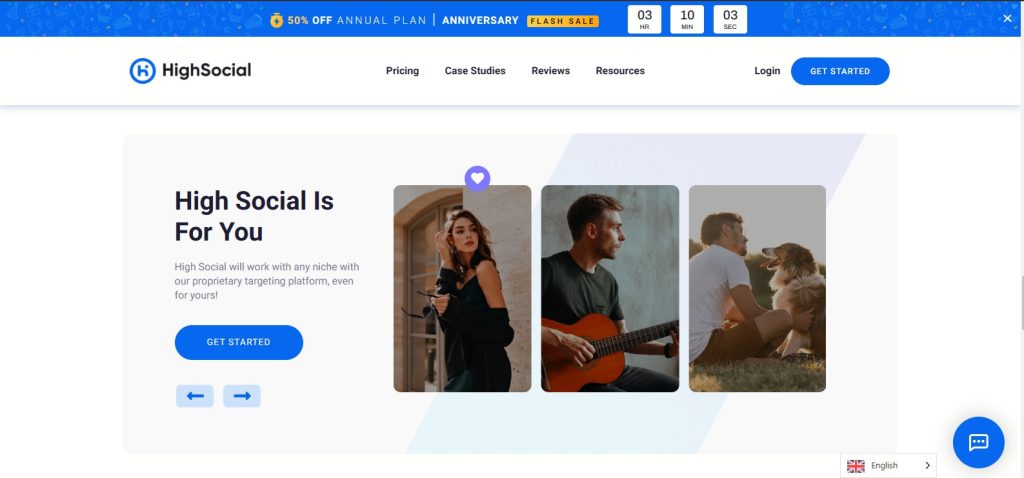High Social’s screenshot features images of a female model, a male musician, and a man with his dog. 