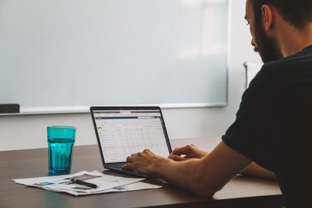 A man analyzes a data sheet on his laptop. 
