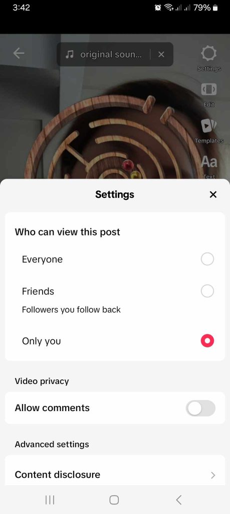 High Social’s screenshot shows how to change the audience of a video to only the creator. 
