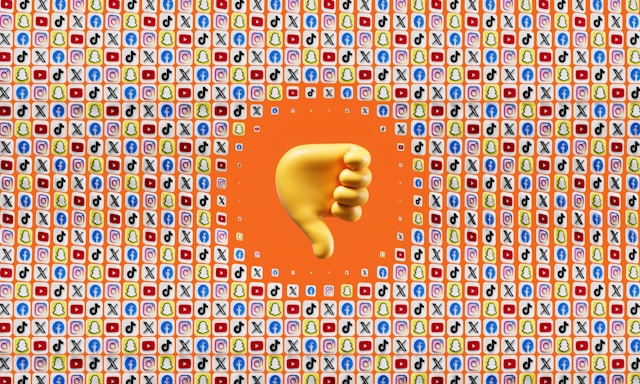 A big thumbs down icon in the middle of repeating social media logos. 
