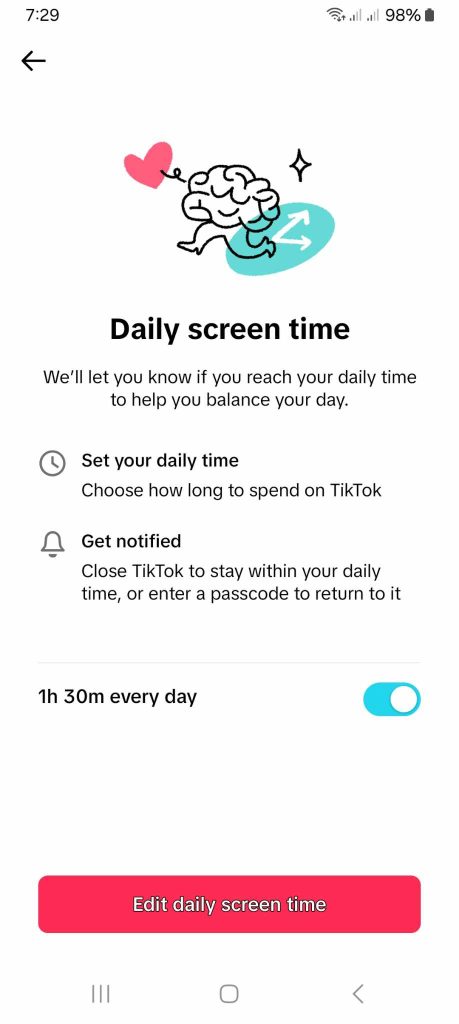 High Social’s screenshot shows TikTok’s Daily Screen Time Limit feature. 
