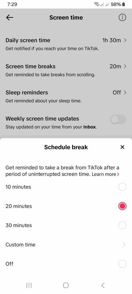 High Social’s screenshot shows TikTok’s Screen Time Breaks feature. 
