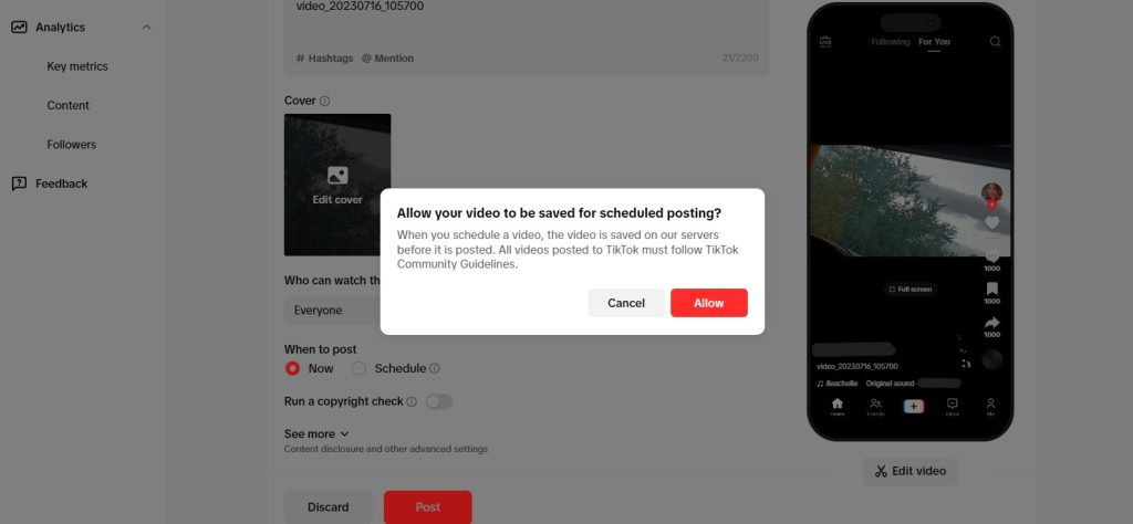 High Social’s screenshot shows how to schedule a video for posting. 
