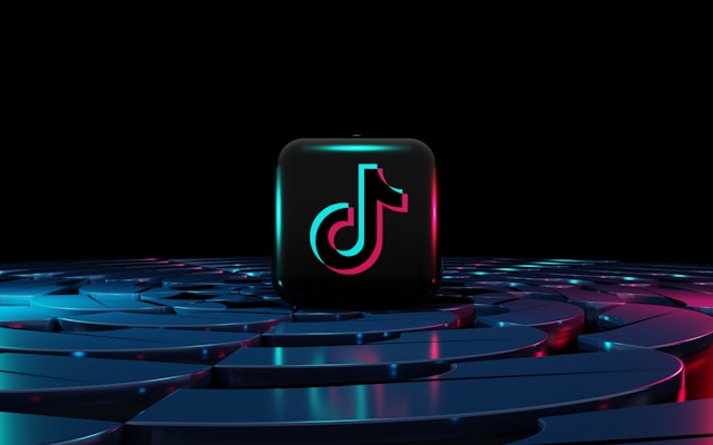 The TikTok logo on a glossy, black cube sitting on an amplifier. 
