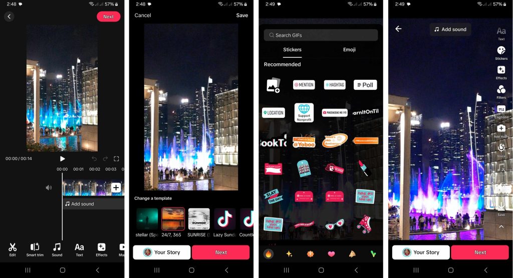 High Social’s screenshots show TikTok’s editing screen and its various editing tools. 
