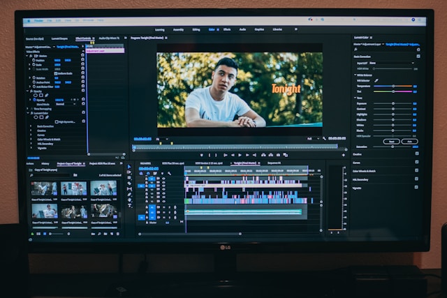 A computer screen displays a video in the middle of editing. 
