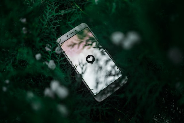 A smartphone in the bushes displays the like icon on the screen.
