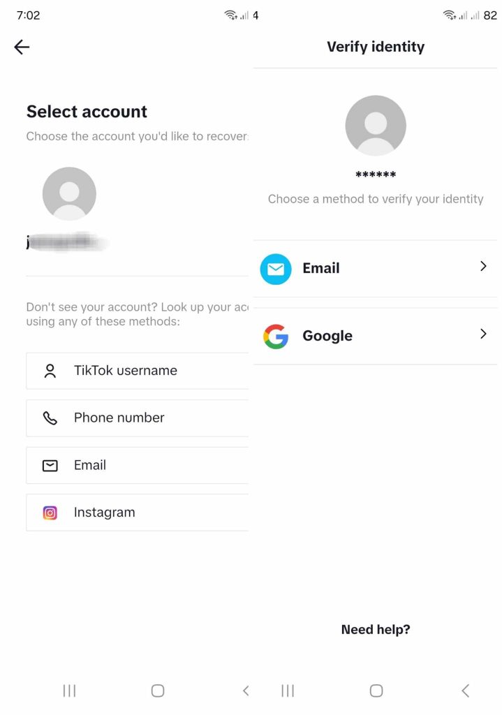 High Social’s screenshots show TikTok’s options to verify identity and recover the account. 
