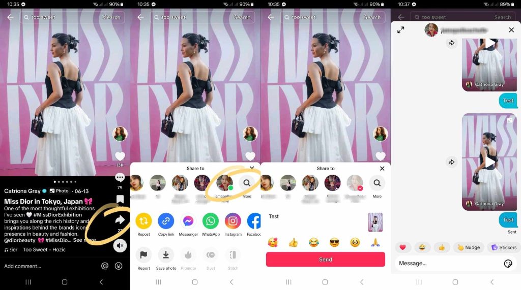 High Social’s screenshots show how to send an image post via Direct Message on TikTok. 
