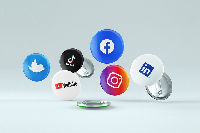 Several social media logos float about on a white background.