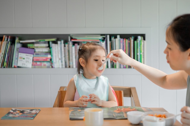 A mother feeds her toddler at the table. 
