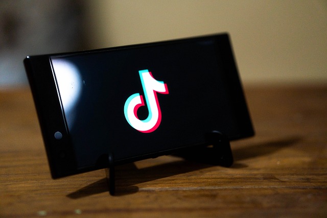 A smartphone on a small stand displays the TikTok logo.