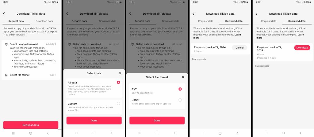 High Social’s screenshots show how to download a TikTok user’s account data. 

