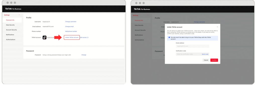 High Social’s screenshots show how to unlink Personal and Business Accounts from the TikTok for Business User Settings. 
