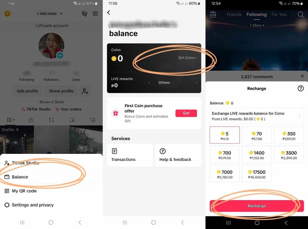 High Social’s screenshots show the steps for buying TikTok Coins. 