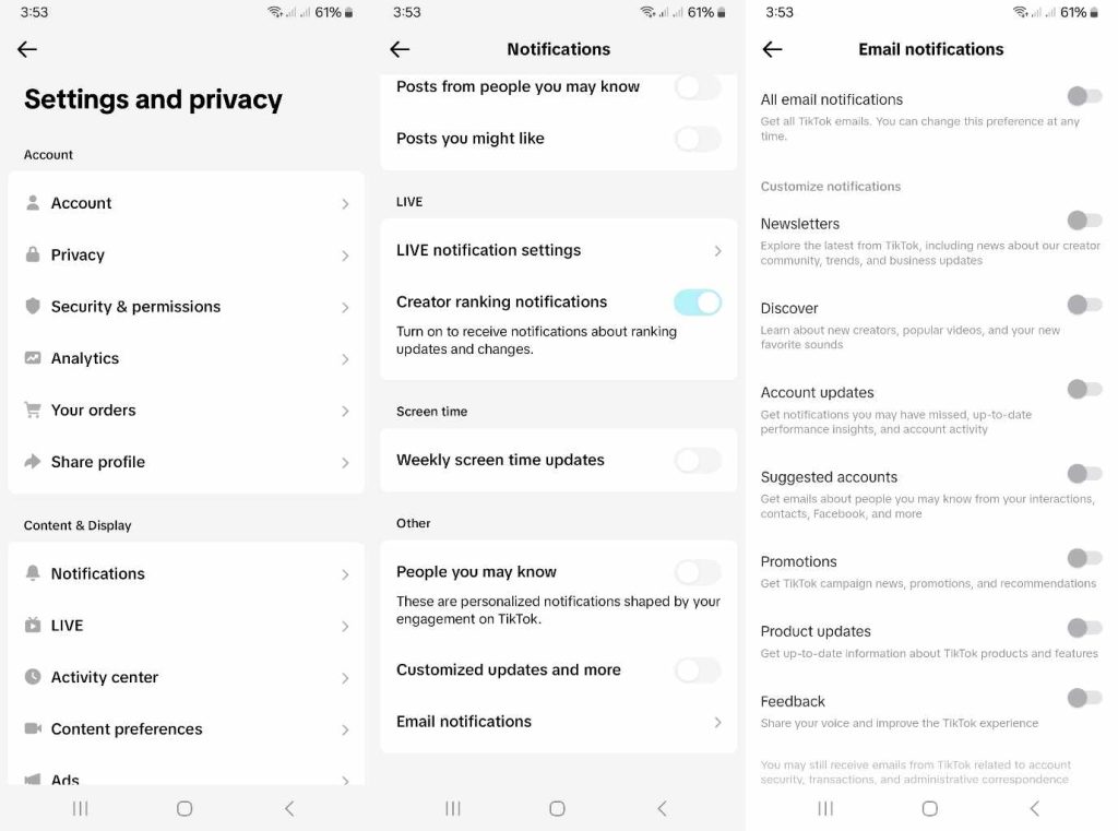 High Social’s screenshots show how to find TikTok’s email notification settings. 
