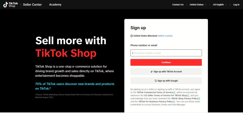 High Social’s screenshot of TikTok Shop’s sign-up page for sellers. 