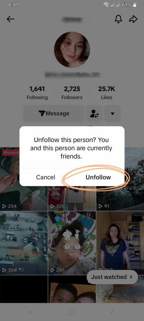 High Social’s screenshot shows TikTok’s unfollow option. 
