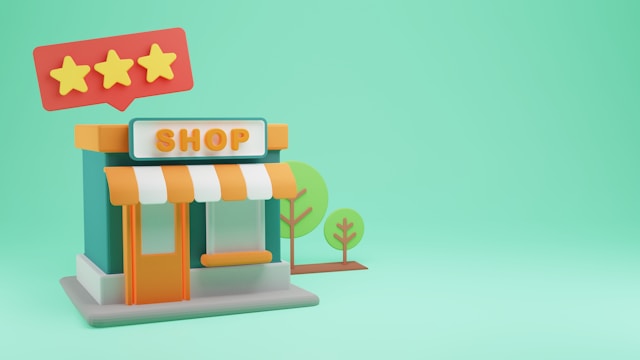 An illustration of a green and orange miniature store with three yellow stars hanging over it. 
