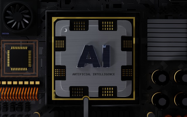 A microchip with the label “AI Artificial Intelligence” sits on a computer motherboard.