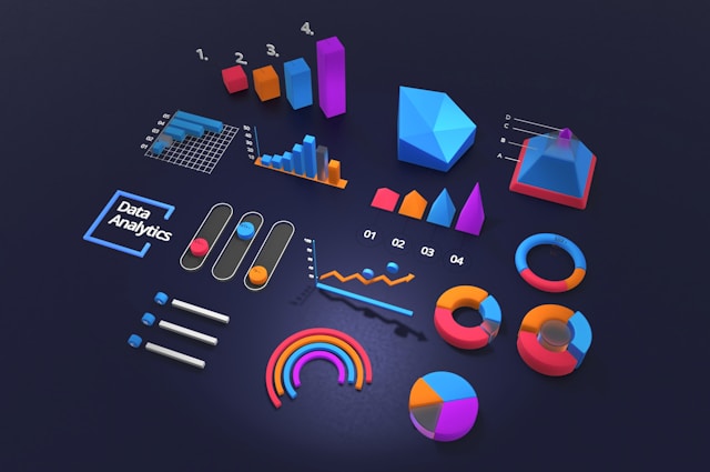 A graphic representation of data analytics featuring different types of 3D-rendered graphs. 
