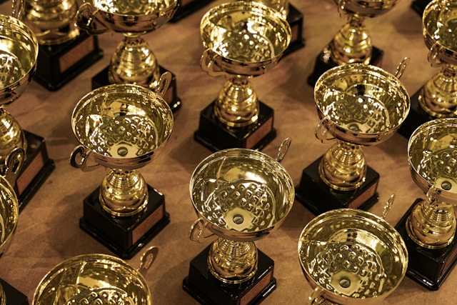 Rows of trophies on a table.