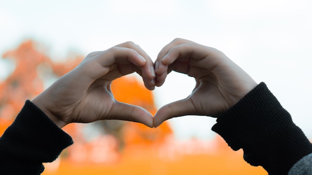 A couple puts their fingers together to form the shape of a heart.