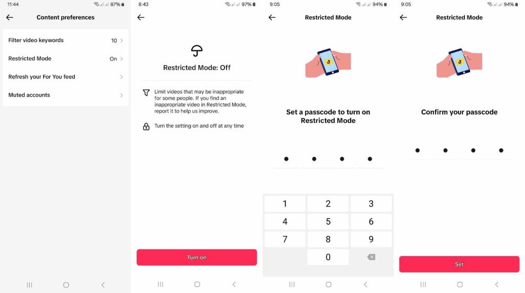 High Social’s screenshots show how to turn on Restricted Mode on TikTok. 
