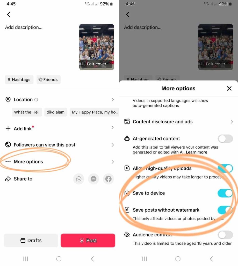 High Social’s screenshots show how to save a TikTok video without the watermark on the Post page. 
