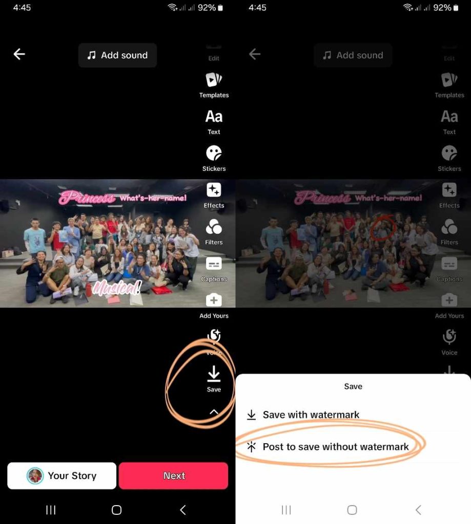 High Social’s screenshots show how to save a TikTok video without the watermark on the editing page. 
