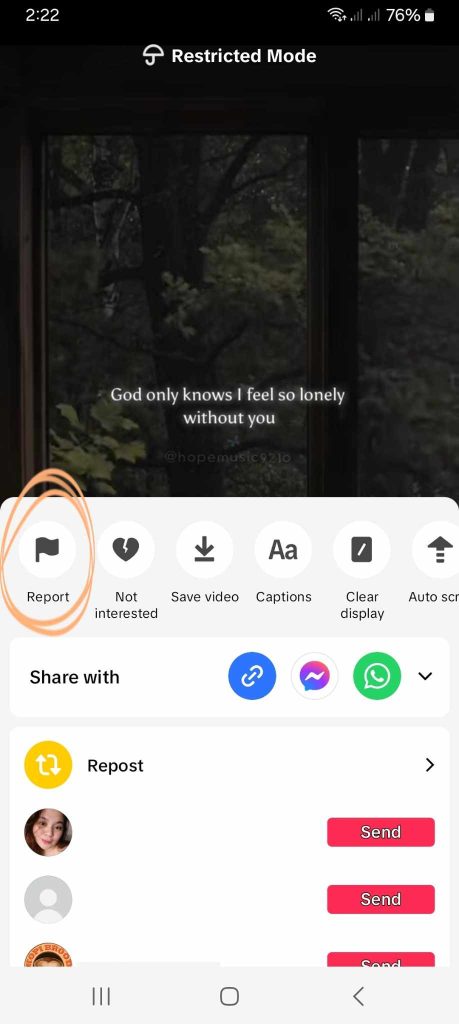 High Social’s screenshot shows TikTok’s Report option for a feed video. 
