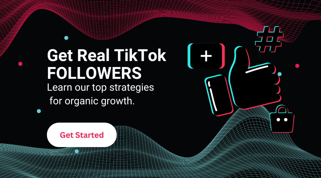 Plixi graphic with text "Get Real TikTok Followers" next to a hashtag, like, shop, and create button in TikTok logo colors.