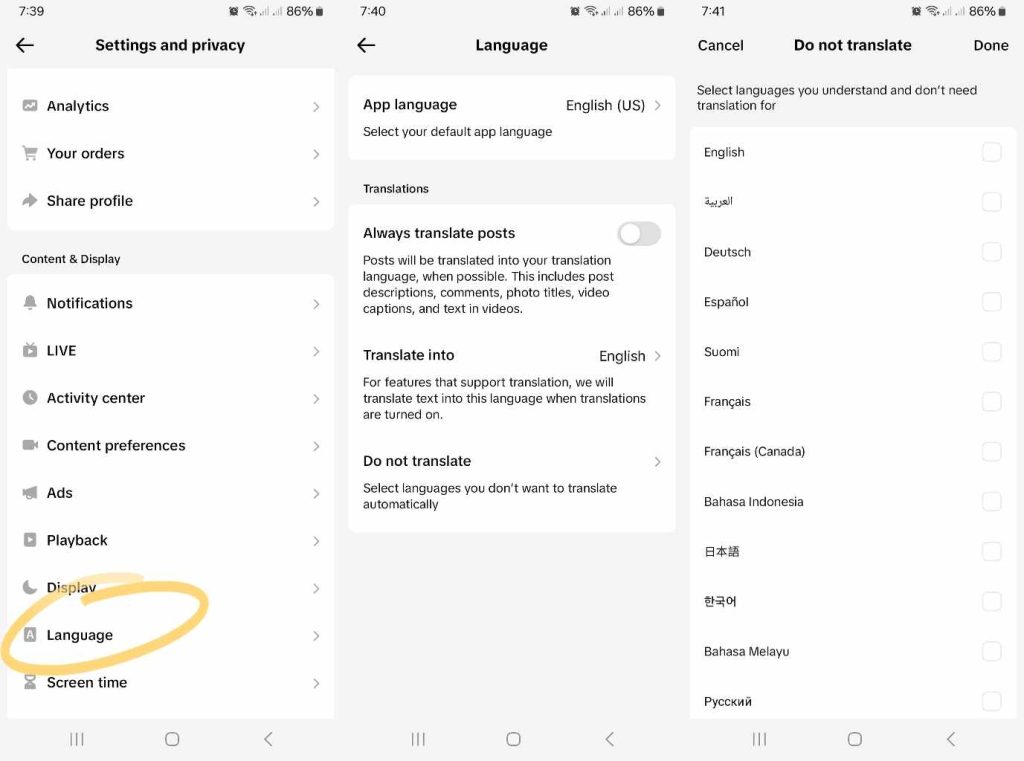 High Social’s screenshots show how to turn TikTok’s auto-translate feature on or off via the TikTok settings.
