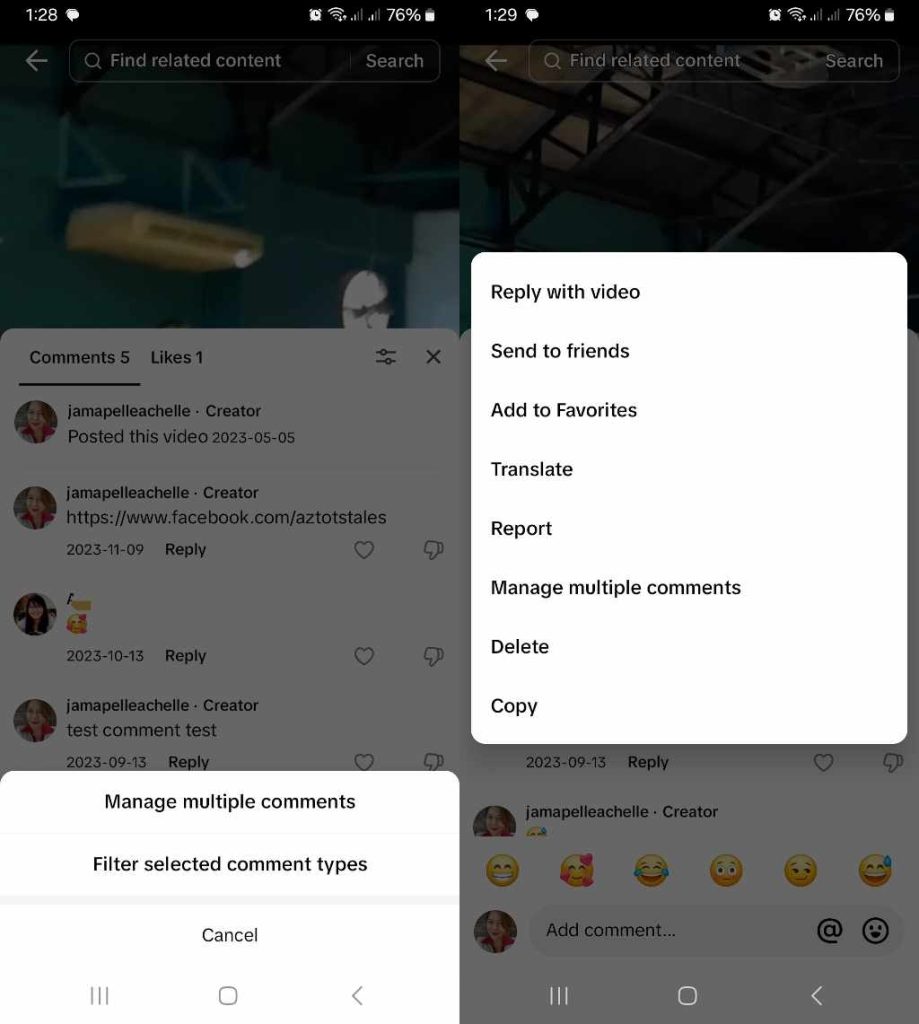 High Social’s screenshots show how to delete comments on TikTok. 
