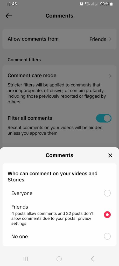 High Social’s screenshot shows TikTok’s comment management options. 
