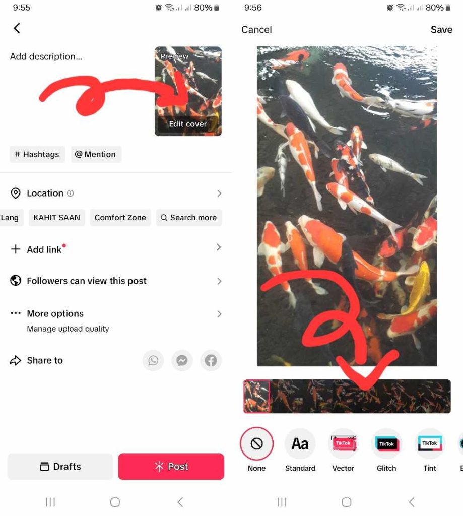 High Social’s screenshots show how to change a TikTok video’s cover image before posting. 
