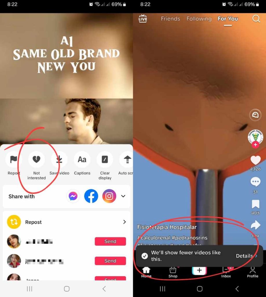 High Social’s screenshots show how TikTok’s Not interested option works. 
