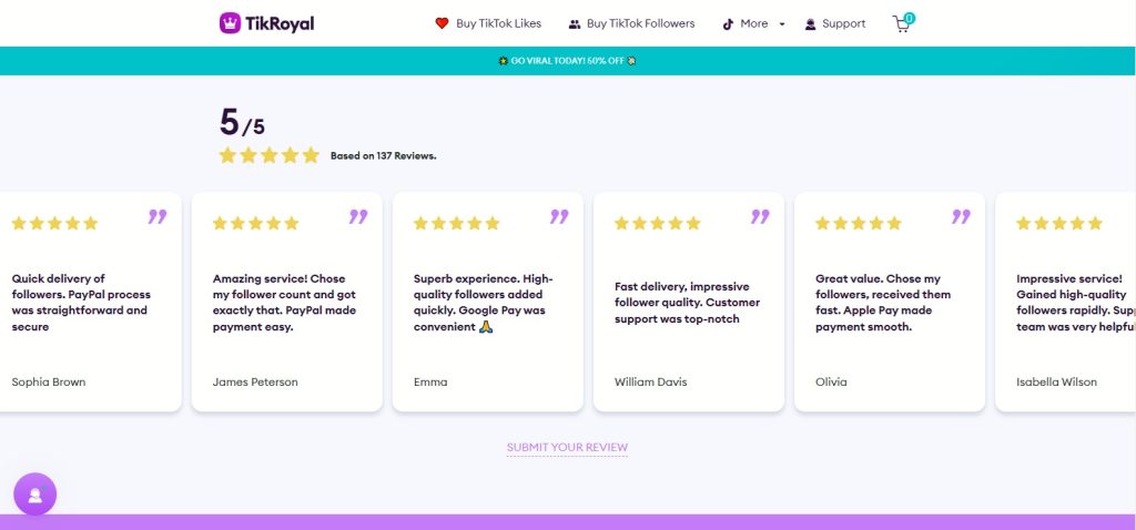 High Social’s screenshot shows TikRoyal’s five-star reviews on its website. 