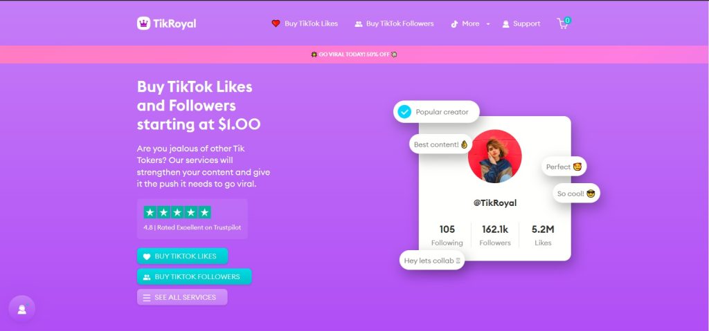 High Social’s screenshot shows the TikRoyal home page. 