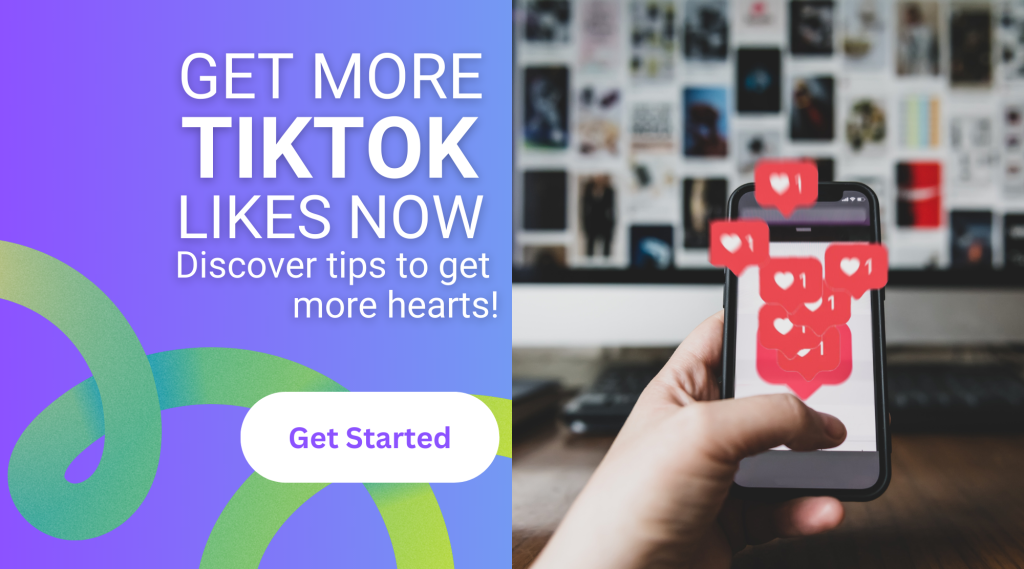 High Social graphic of a phone with floating likes, promoting tips to increase TikTok likes, with a "Get Started" button.
