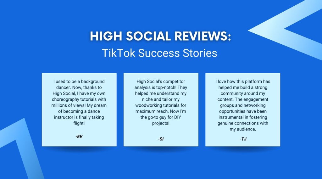 High Social graphic of three TikTok success stories featuring customer reviews on how the platform helped grow their content.
