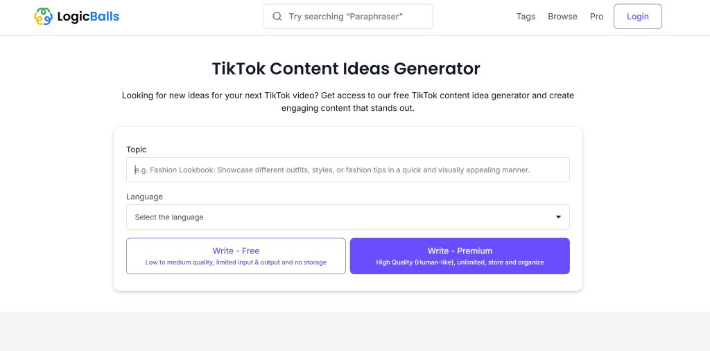 High Social’s screenshot of the LogicBalls content idea generation page.
